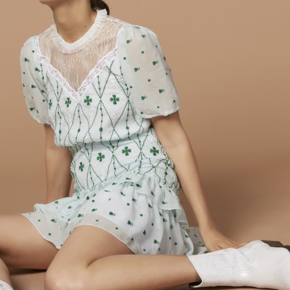 Sandro Green+White Lace Paneled Embroidered Dress